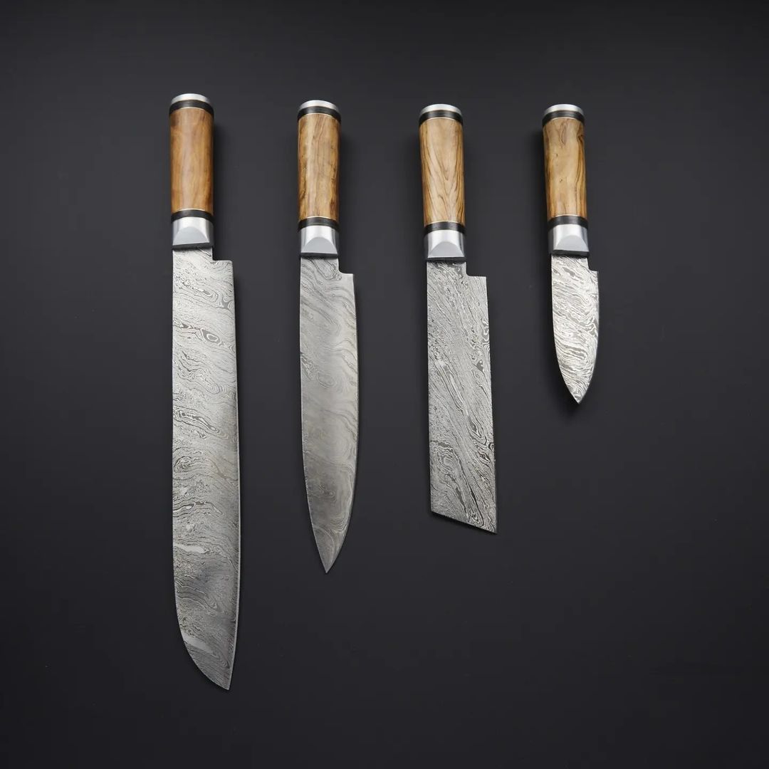 Damascus Chef & Kitchen Knife Set of 4 Olive wood handle