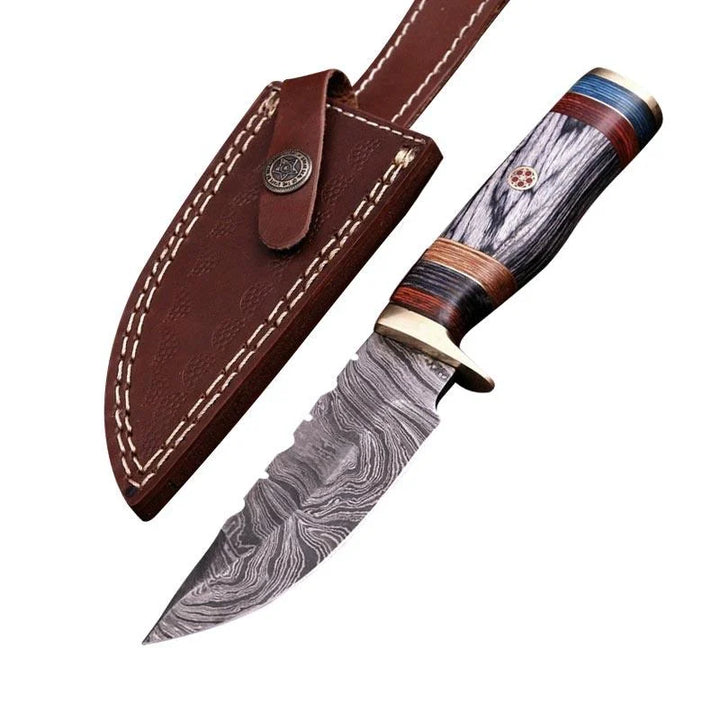 Custom Handmade Damascus Hunting Knife Wood & Brass Guard Handle