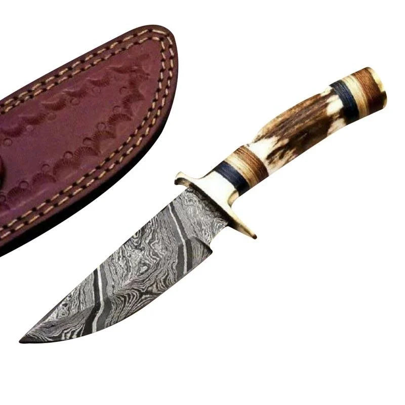 Custom Handmade Damascus Hunting Knife Stag & Brass Guard Handle