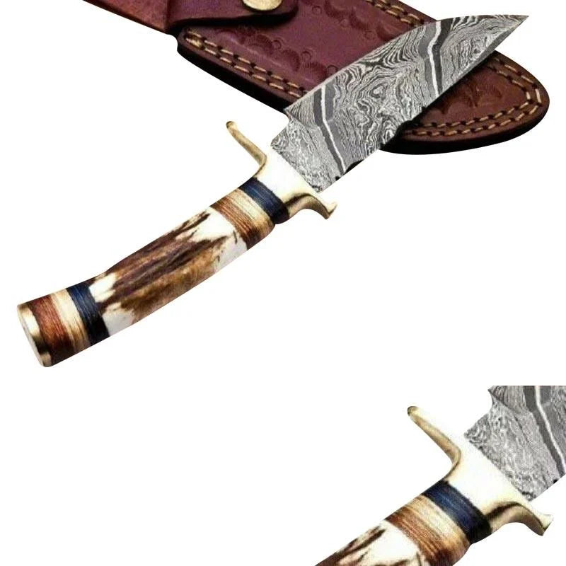 Custom Handmade Damascus Hunting Knife Stag & Brass Guard Handle