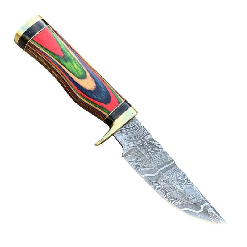 Custom Handmade Damascus Hunting Knife Wood & Brass Guard Handle