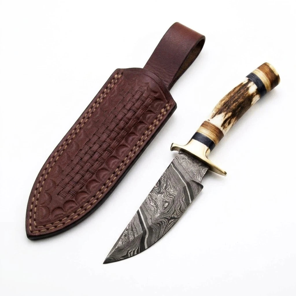 Custom Handmade Damascus Hunting Knife Stag & Brass Guard Handle