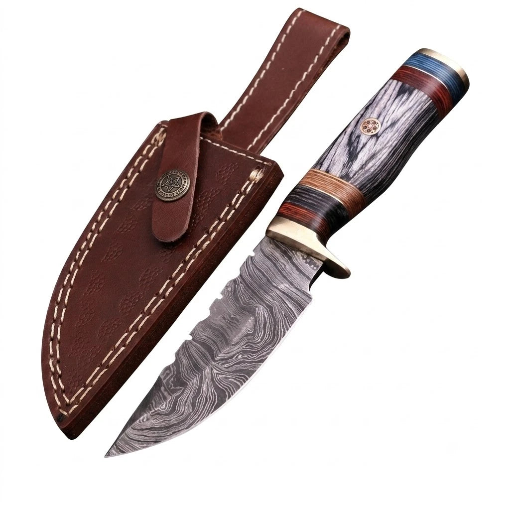 Custom Handmade Damascus Hunting Knife Wood & Brass Guard Handle