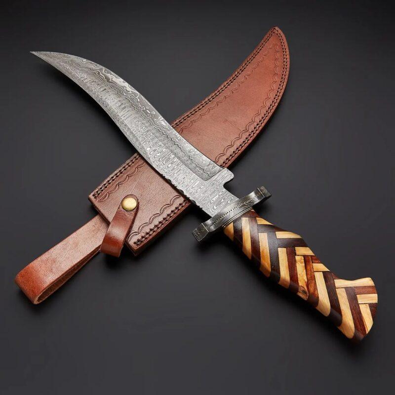 Handmade Damascus Bowie Knife Olive & Rose Wood handle