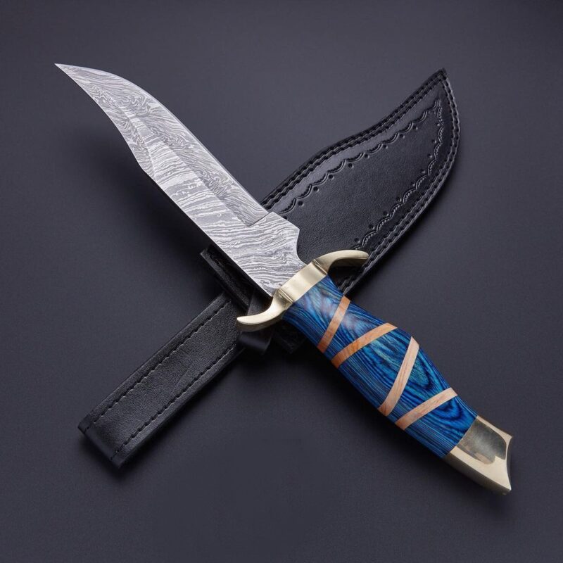 Damascus Bowie Knife Olive & Dollar Wood With Brass Guard & Pommel Handle