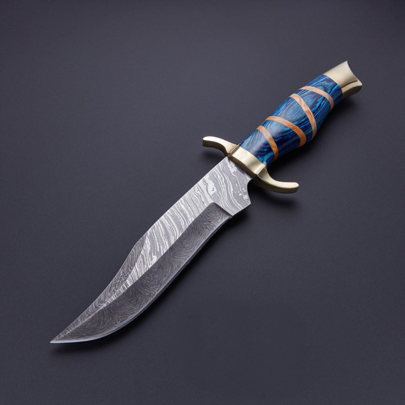 Damascus Bowie Knife Olive & Dollar Wood With Brass Guard & Pommel Handle