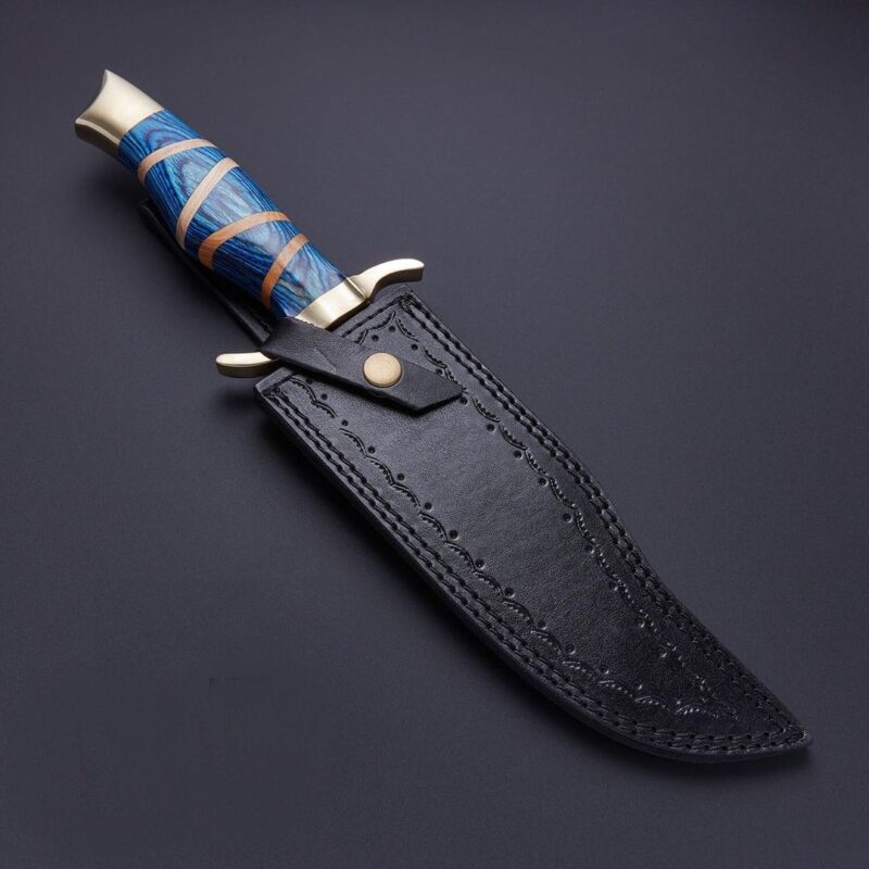 Damascus Bowie Knife Olive & Dollar Wood With Brass Guard & Pommel Handle