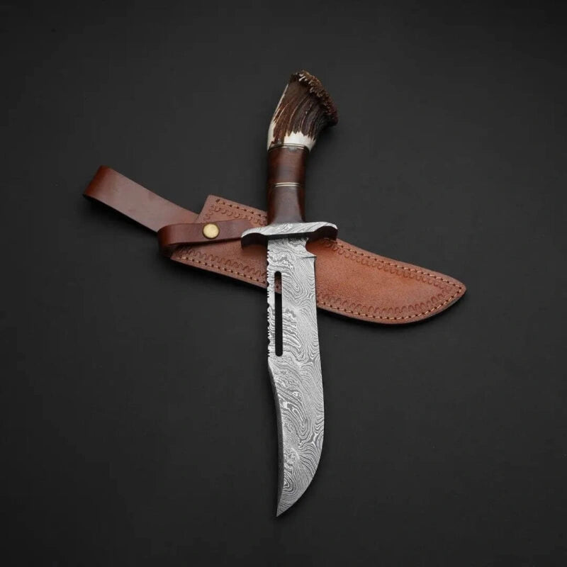Damascus Bowie Knife – 8″ Rambo Blade, Camel Bone Handle