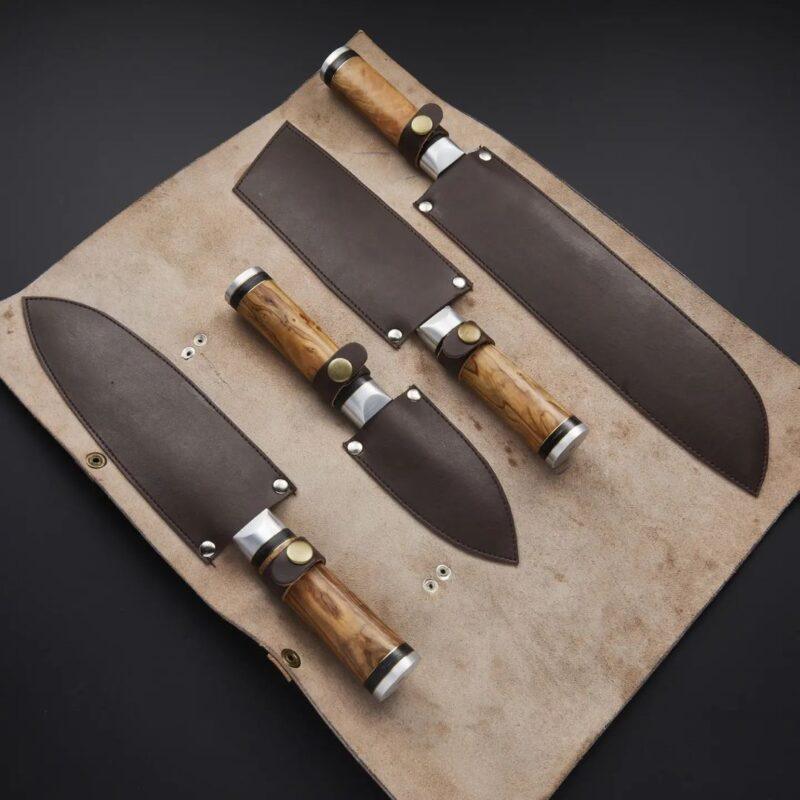 Damascus Chef & Kitchen Knife Set of 4 Olive wood handle