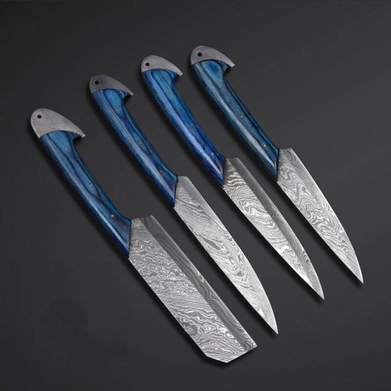 Damascus Chef & Kitchen Knife Set of 4 – Olive Wood Handles