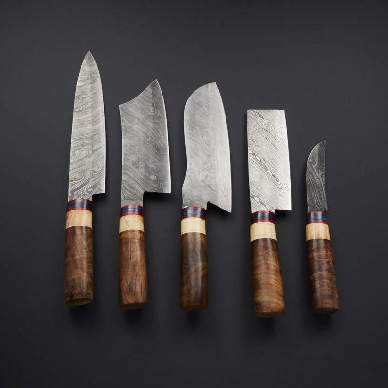 Damascus Chef & Kitchen Knife Set of 5 – Handmade Rosewood Handles, 176-Layer Steel Blades