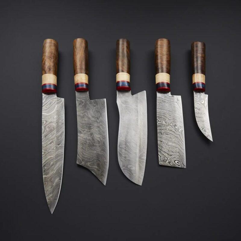 Damascus Chef & Kitchen Knife Set of 5 – Handmade Rosewood Handles, 176-Layer Steel Blades