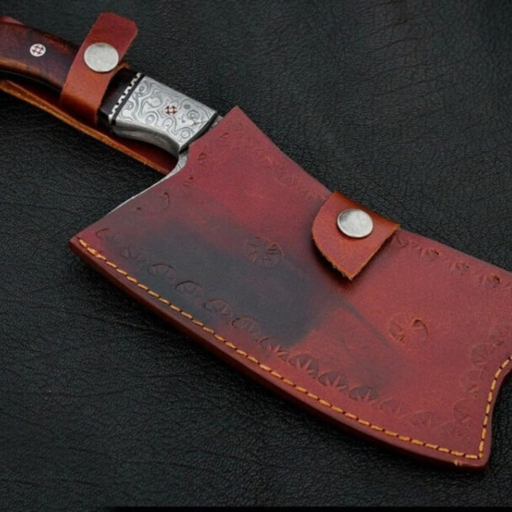 Damascus Cleaver Knife Hand-Forged Full Tang with Leather Sheath