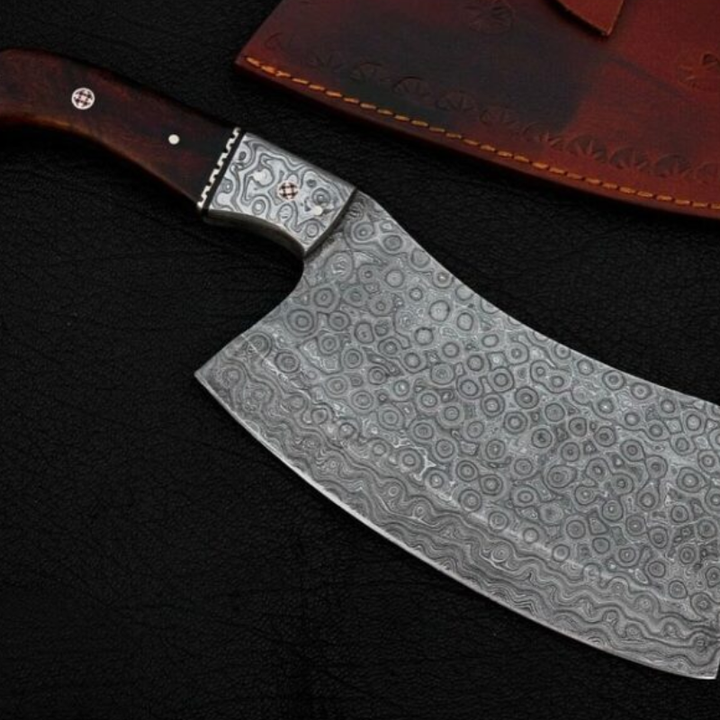 Damascus Cleaver Knife Hand-Forged Full Tang with Leather Sheath