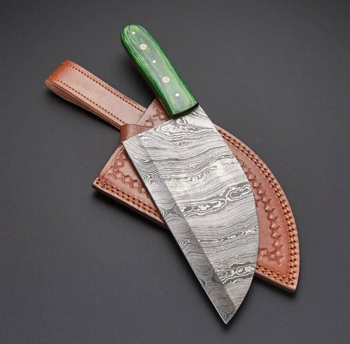 Damascus Cleaver Knife with Green Dollar Sheet Handle