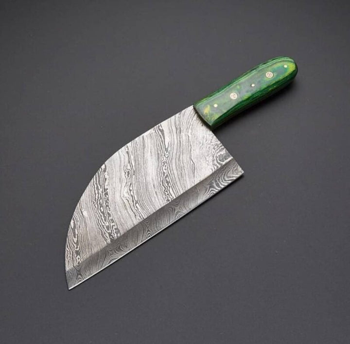 Damascus Cleaver Knife with Green Dollar Sheet Handle
