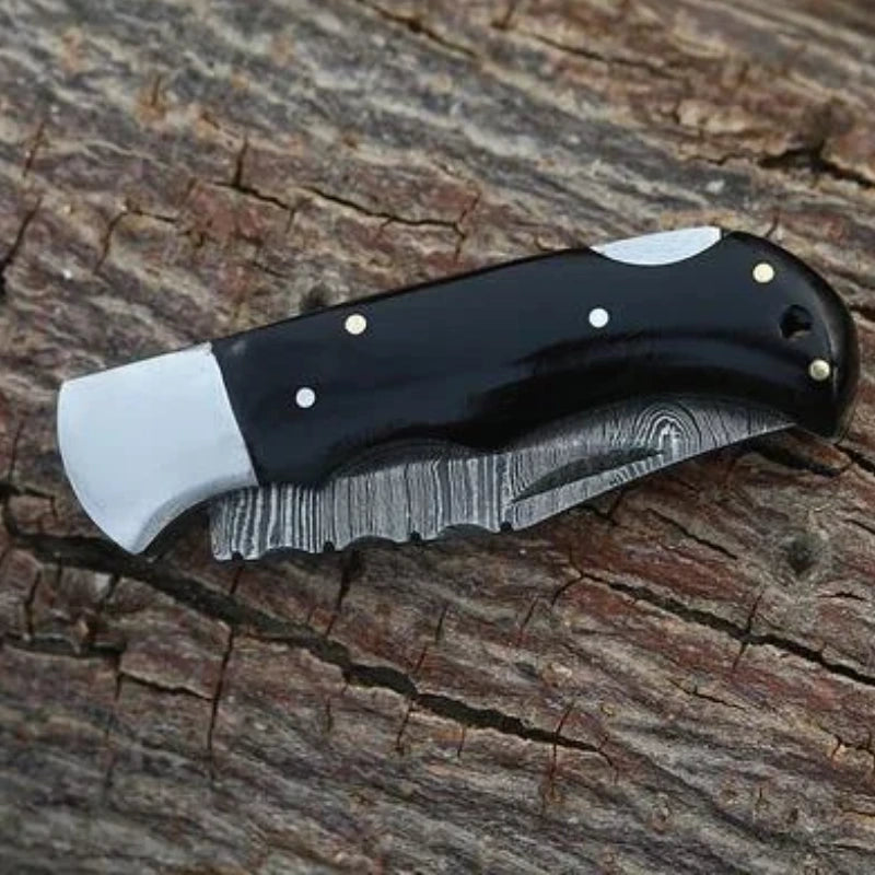 Damascus Folding Pocket Knife Black Horn Handle