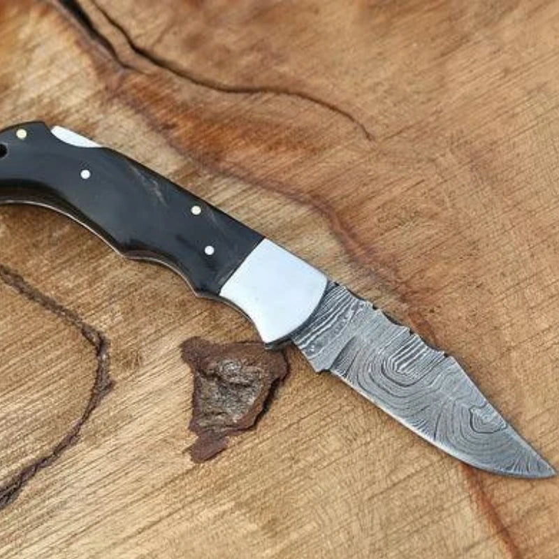 Damascus Folding Pocket Knife Black Horn Handle