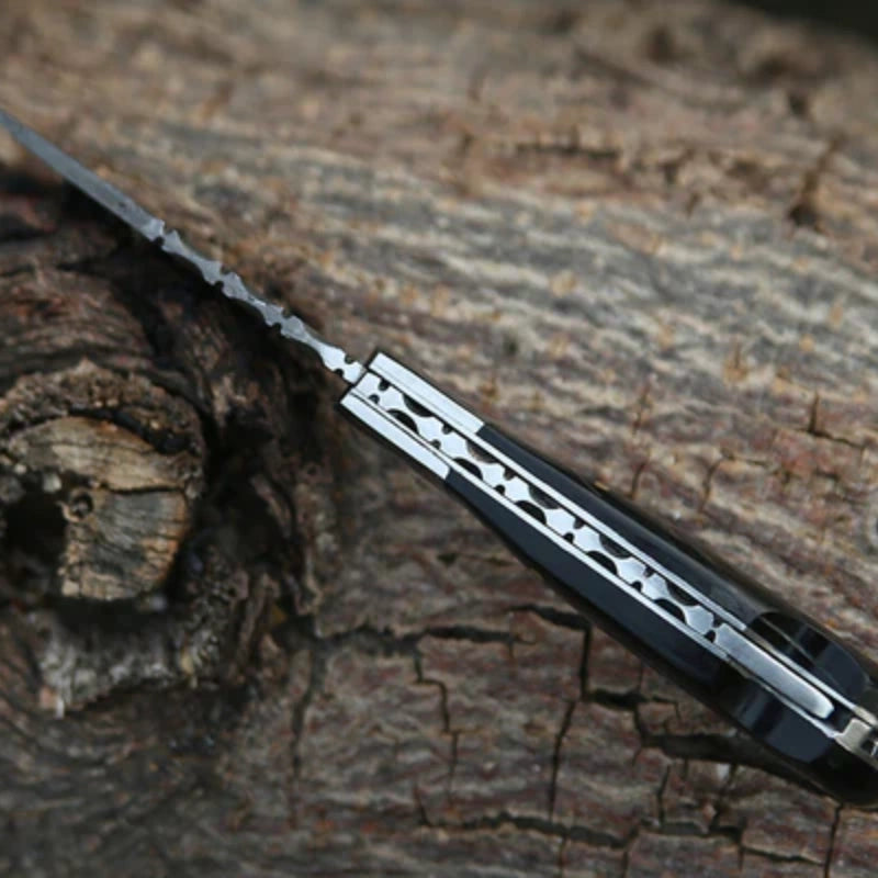 Damascus Folding Pocket Knife Black Horn Handle