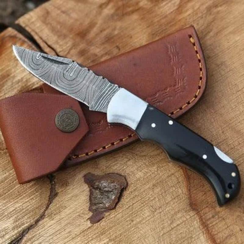 Damascus Folding Pocket Knife Black Horn Handle