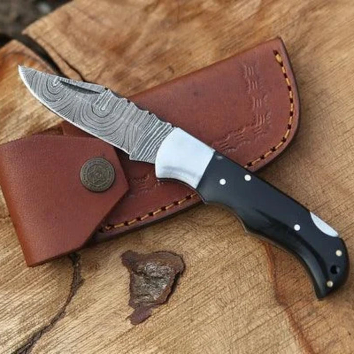 Damascus Folding Pocket Knife Black Horn Handle