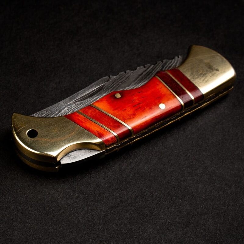 Damascus Folding Pocket Knife Bone & Brass Handle