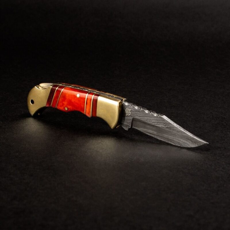 Damascus Folding Pocket Knife Bone & Brass Handle