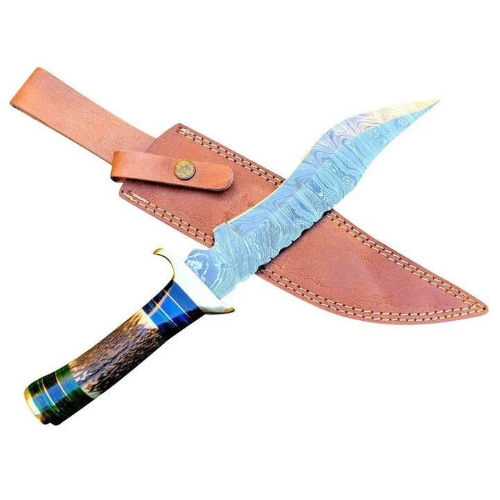 Damascus Hunting Knife Deer Antler Handle