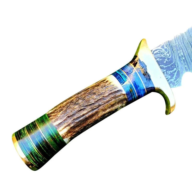 Damascus Hunting Knife Deer Antler Handle