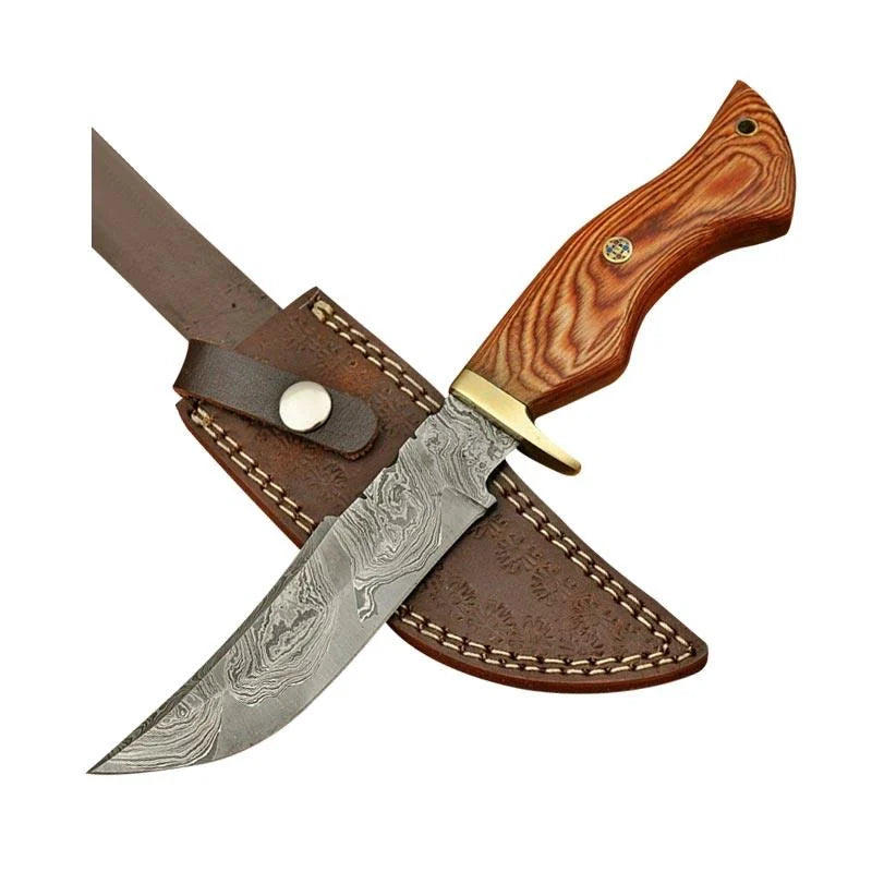 Damascus Hunting Knife Stain Wood & Brass Guard Handle