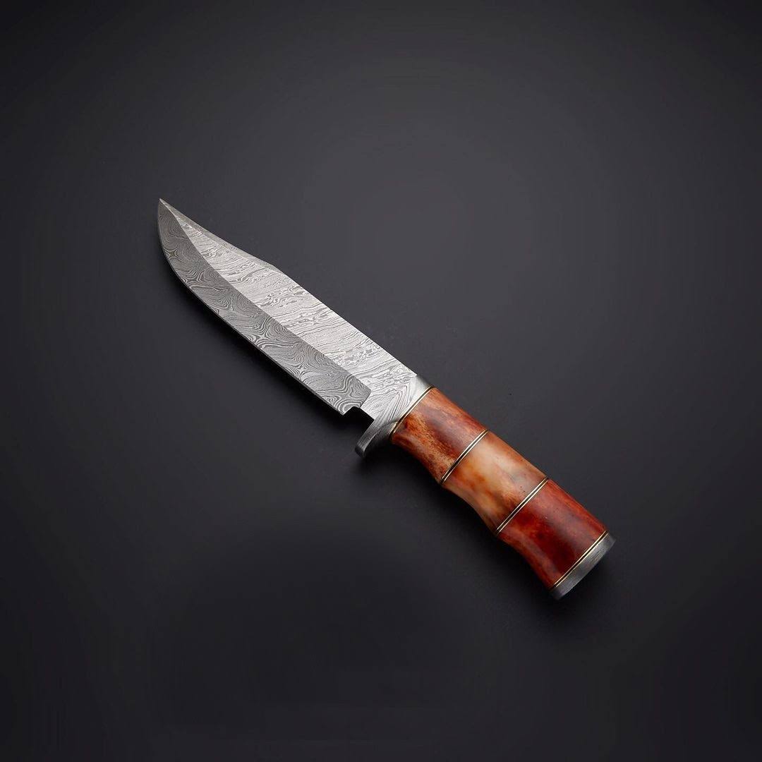 Damascus Hunting Knife With Camel Bone Handle