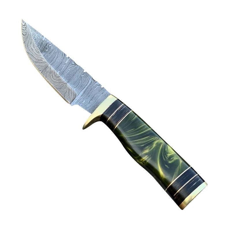Damascus Hunting Knife Wood & Brass Guard Handle