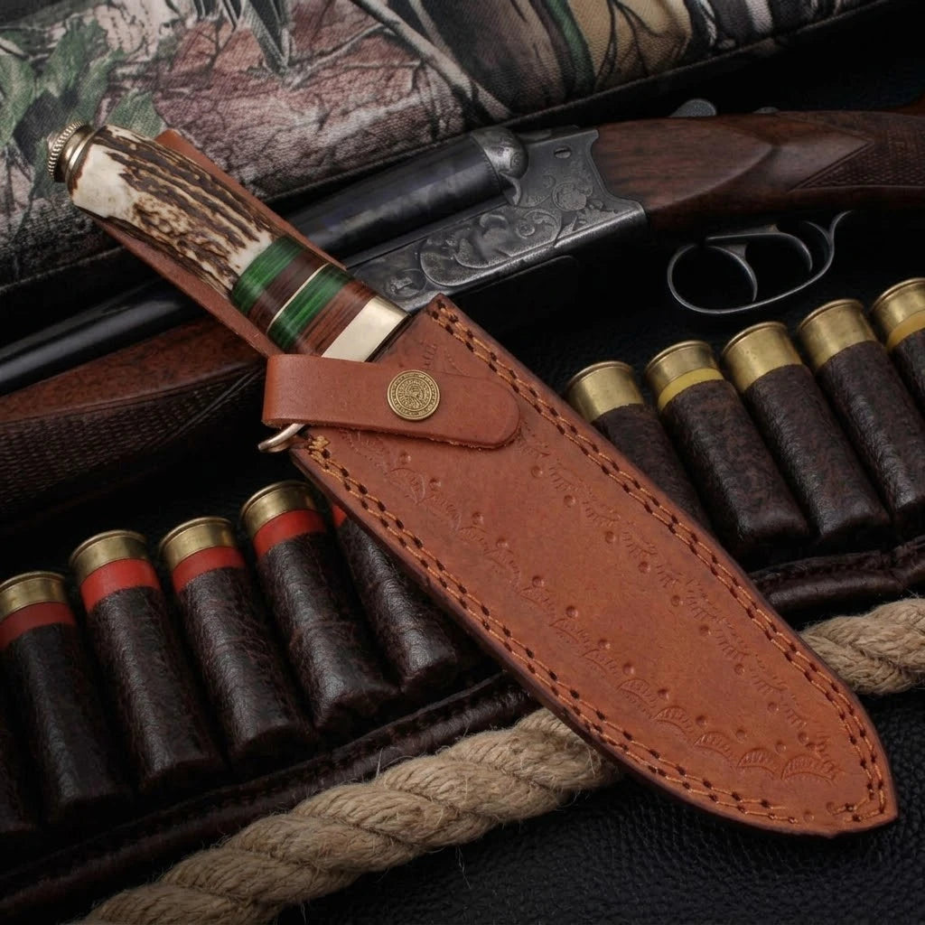 Damascus Hunting Knife with Stag & Brass Guard Handle