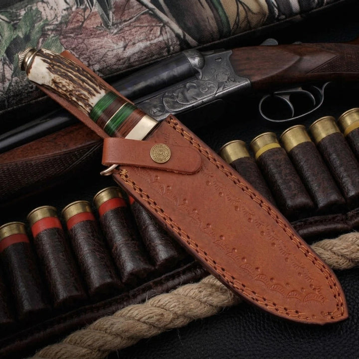 Damascus Hunting Knife with Stag & Brass Guard Handle