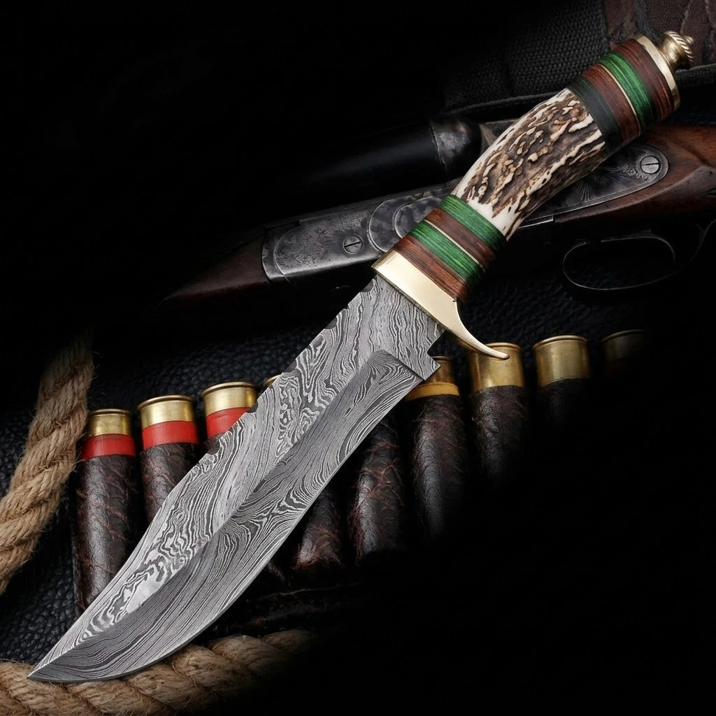 Damascus Hunting Knife with Stag & Brass Guard Handle