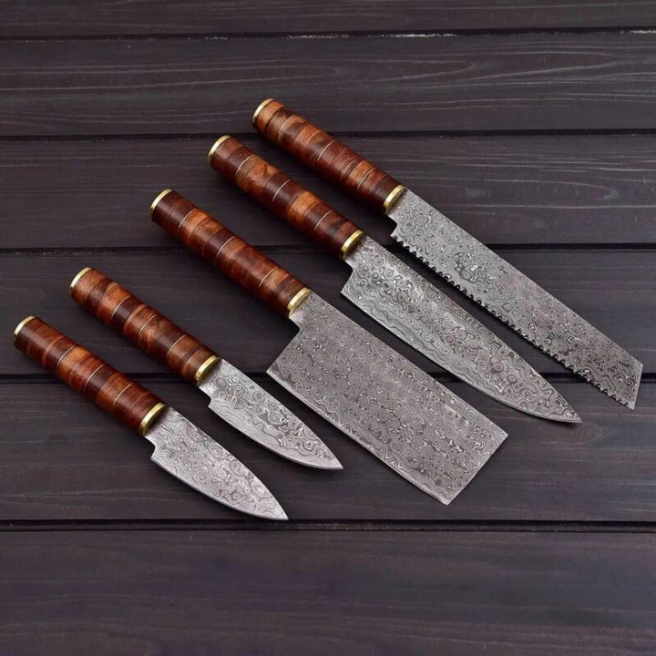 Damascus Kitchen Chef Knife Set of 5 – Precision Blades, Walnut Wood Handles