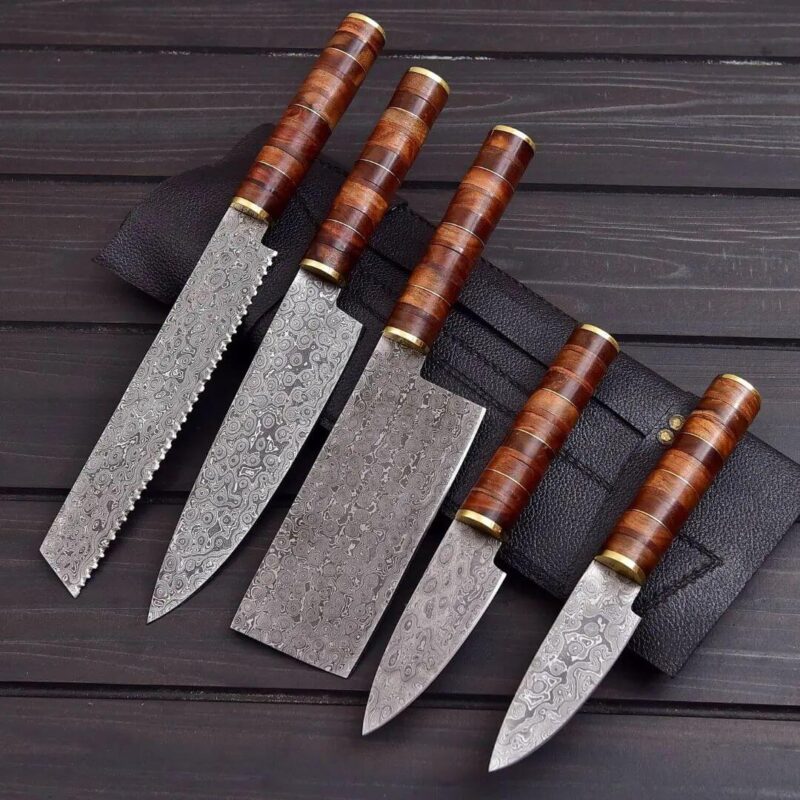 Damascus Kitchen Chef Knife Set of 5 – Precision Blades, Walnut Wood Handles