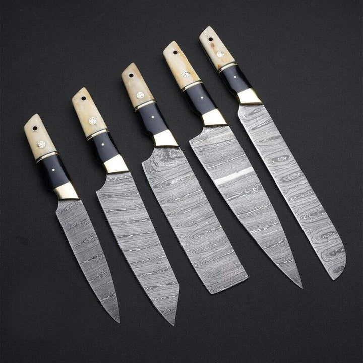 Damascus Kitchen chef knife SET OF 5 BLACK HORN & OLIVEWOOD Handles
