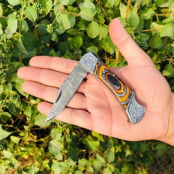 Damascus Pocket Folding Knife American Flag