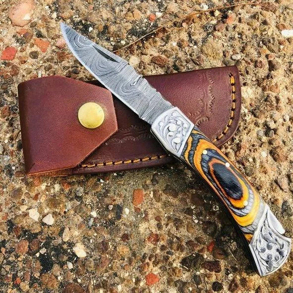 Damascus Pocket Folding Knife American Flag