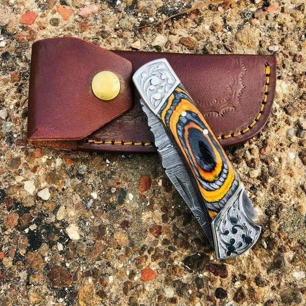 Damascus Pocket Folding Knife American Flag