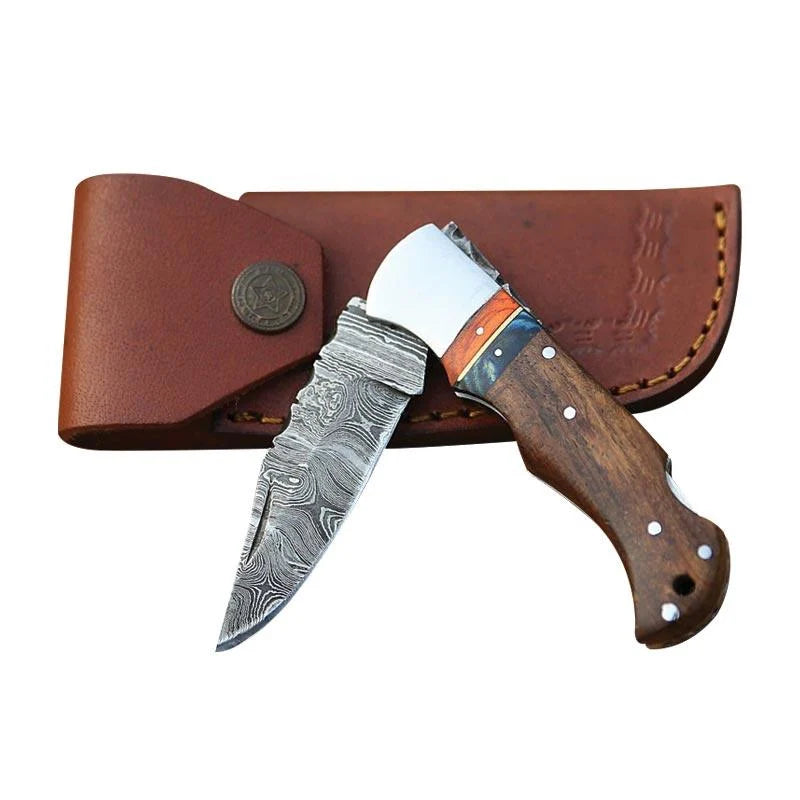 Damascus Pocket Folding Knife Rosewood Handle