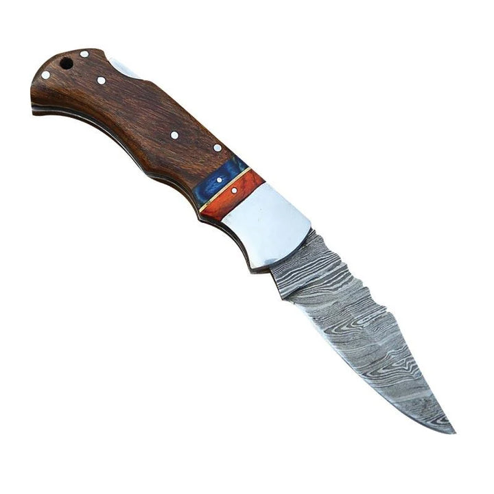 Damascus Pocket Folding Knife Rosewood Handle