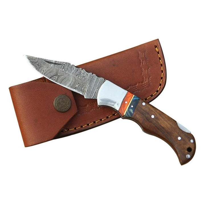 Damascus Pocket Folding Knife Rosewood Handle