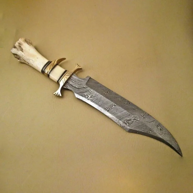 Damascus Steel Hunting Bowie Knife with Camel Bone Handle