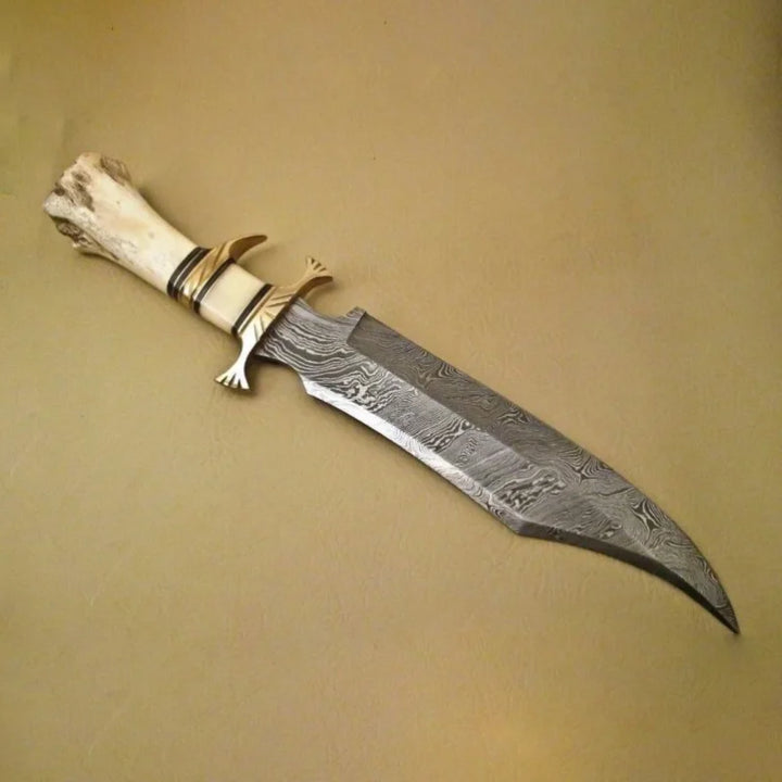 Damascus Steel Hunting Bowie Knife with Camel Bone Handle