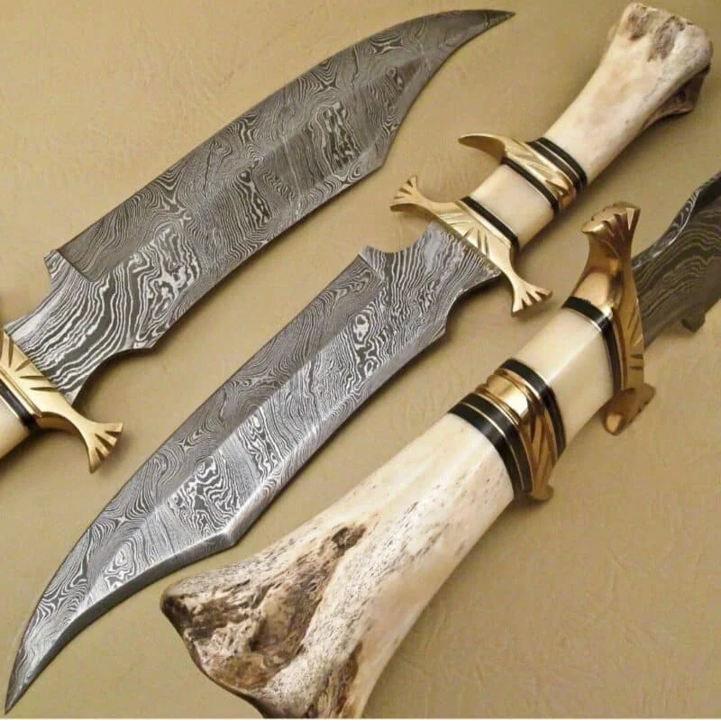 Damascus Steel Hunting Bowie Knife with Camel Bone Handle