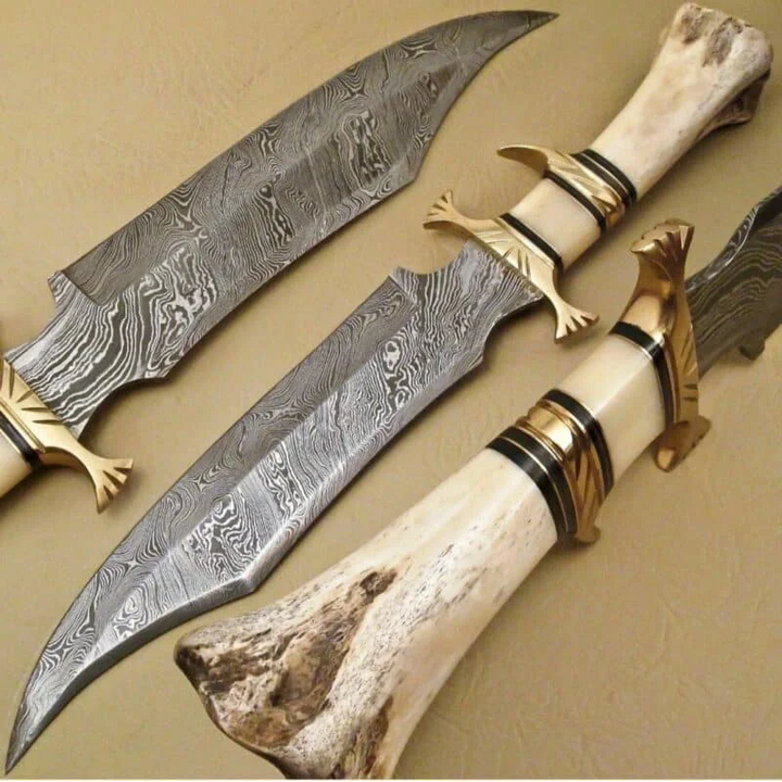 Damascus Steel Hunting Bowie Knife with Camel Bone Handle