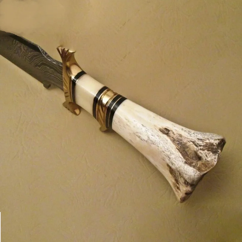 Damascus Steel Hunting Bowie Knife with Camel Bone Handle