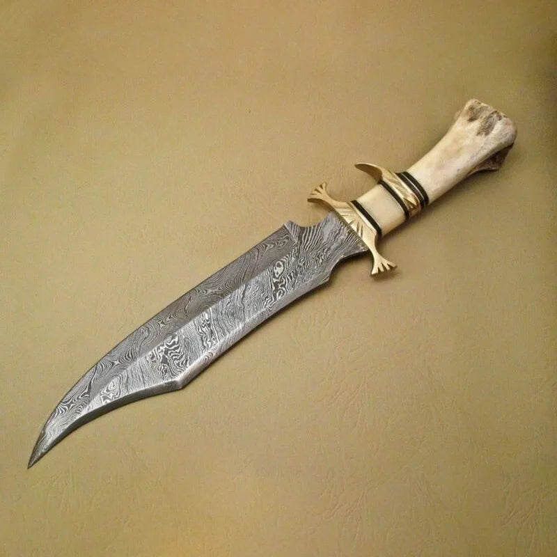 Damascus Steel Hunting Bowie Knife with Camel Bone Handle
